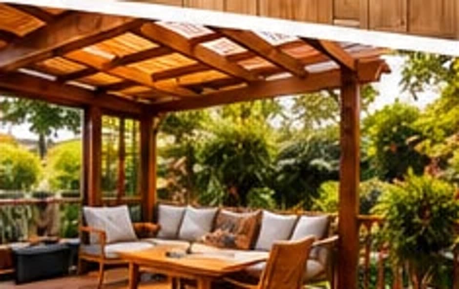 A finished timber pergola over an outdoor seating area